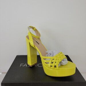 Fashion Nova Neon Yellow Patent Platform Chunky  Heels